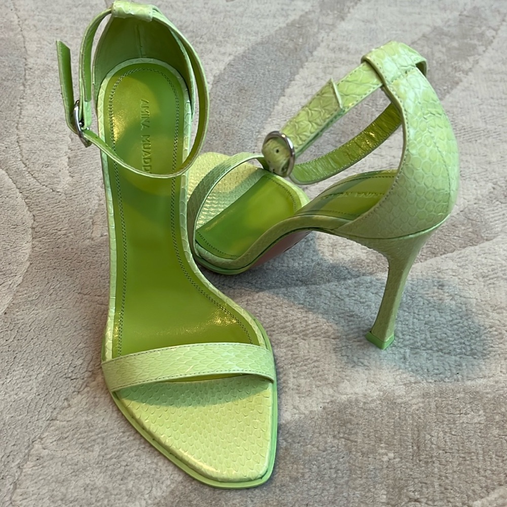 Amina Muaddi Kim Sandal Snake Effect Lime Green Strappy Heels